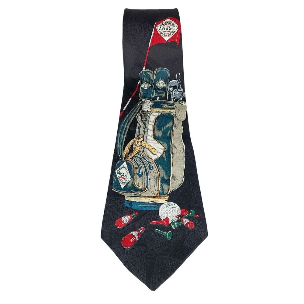 VTG Rare Tabasco Golf Bag Themed Men 58" x 4" Silk Jacquard Logo Novelty Necktie